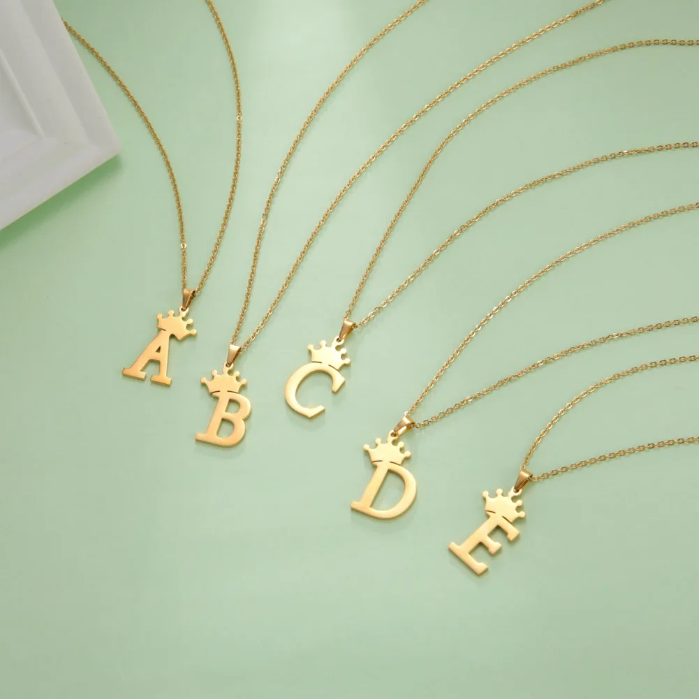 

2021 Newest Trendy Hot Selling 18K Gold Plated Hip Hop Stainless Steel Crown Letter Name Chain Alphabet Pendants Necklaces