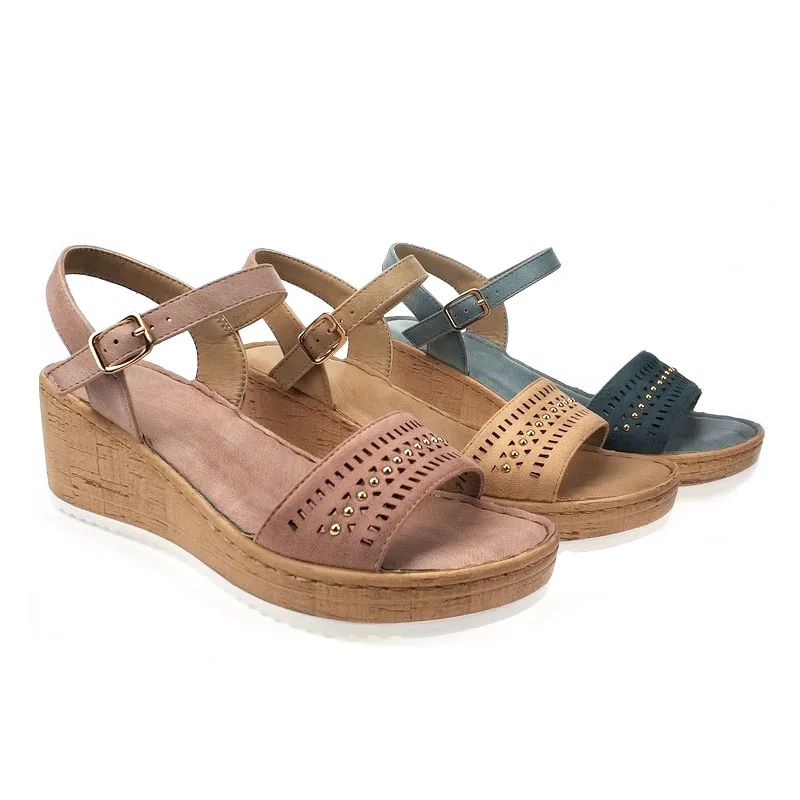 

2020 New Platform Thick Cork Sole Laser Cutting Straps With Studs PU Leather Flats Slip on Women's Fashion Slide Wedge Sandal, Customized color