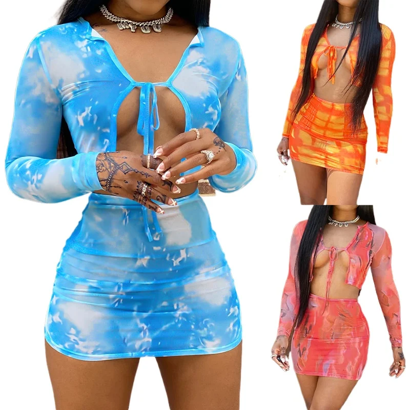 

Summer Printed tie-dyed Color Two Pieces Women's Summer Outfits sweatSuits Crop Tops Sets Skirt Sets