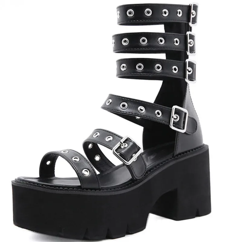 

New Summer Sexy Belt Rivets Women Platform Sandals Open Toe Wedges Gladiator Ladies Shoes Black Zipper Soft Leather Casual Pumps