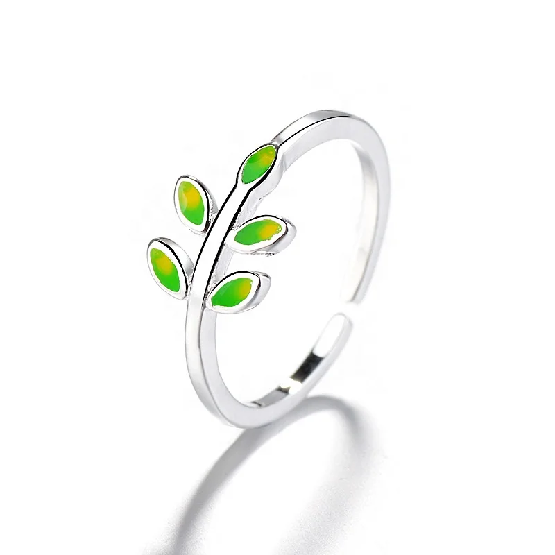 

Green Leaf Handmade Creative Silver Temperament Personality Fashion Female Trendy Resizable Opening Rings