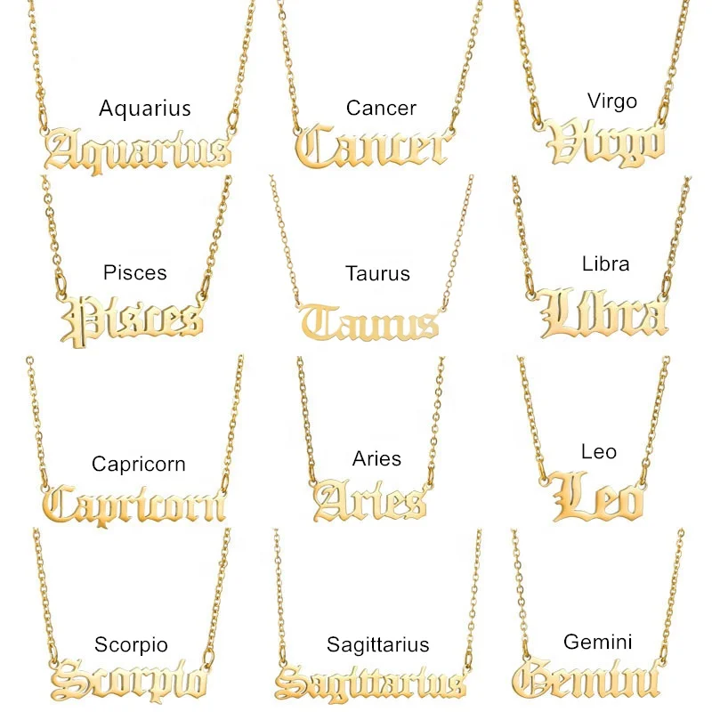 

Wholesale 12 Constellation Astrology Horoscope Star Jewelry 18K Gold Plated Stainless Steel Zodiac Sign Pendant Necklace