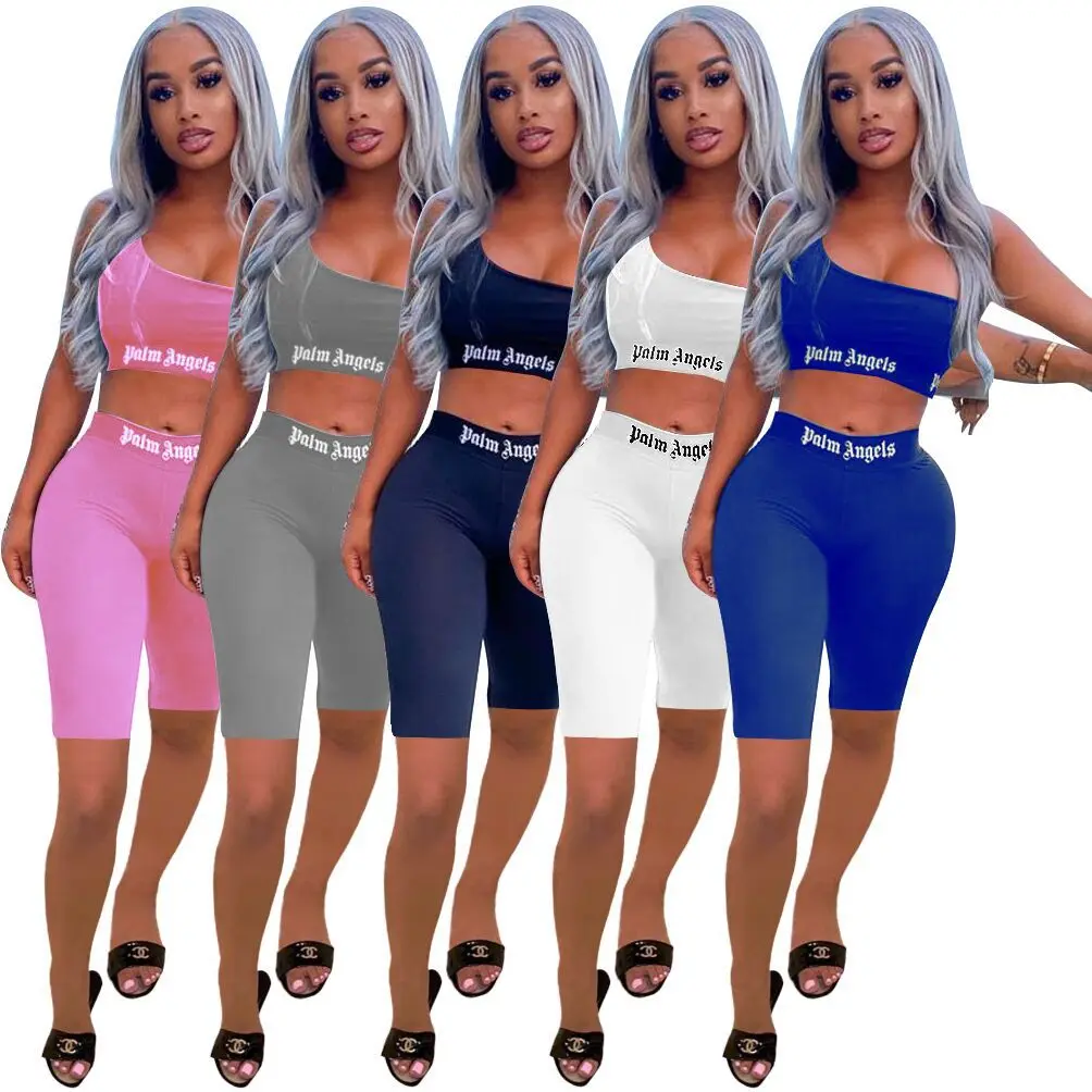 

2021 trendy wholesale summer casual letter printed one shoulder crop tank top joggers women sets jogger shorts 2 piece set