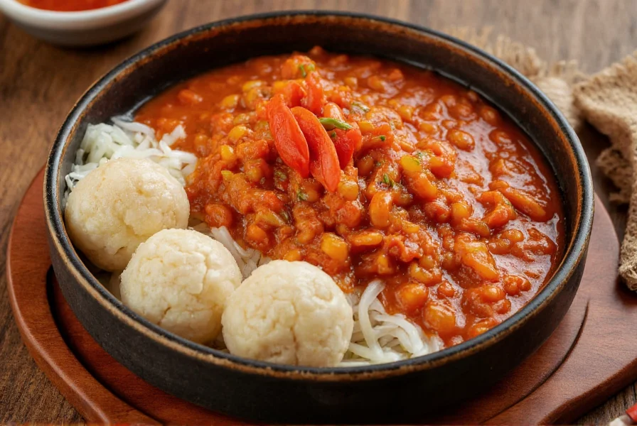 Traditional Korean gochujang in ceramic bowl with rice cakes and vegetables