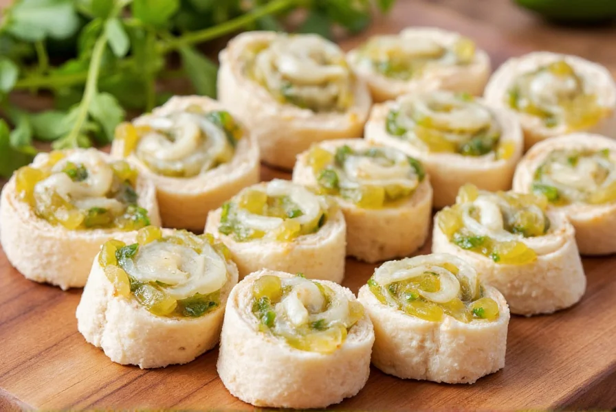 Jalapeño pepper jelly and cream cheese pinwheels on a wooden cutting board with fresh herbs