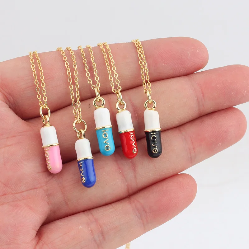 

Hot Selling Simple Colorful Enameled Love Letters Necklace Gold Plated Candy Color Enamel Pill Pendant Necklace For Women Gift