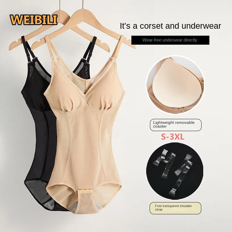 

V Neck Open Crotch Thin Adjustable Body Shaper Mesh Breathable Tummy Control Nude Women Shapewear Bodysuit Thong With Bra Pads, Black,nude
