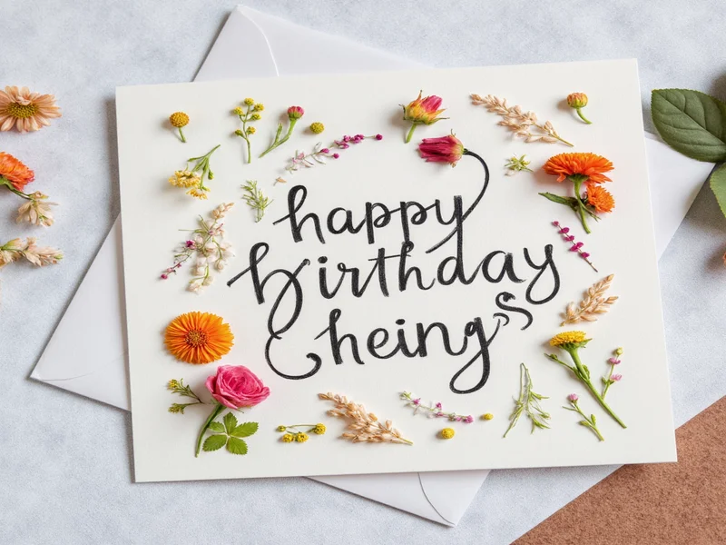 Handmade birthday card with pressed flowers and handwritten message