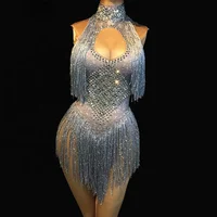 

4 Colors Sparkly Rhinestones Tassel Leotard Nightclub Dance DS Show Stage Wear Stretch Bodysuit Party Female Singer Outfit