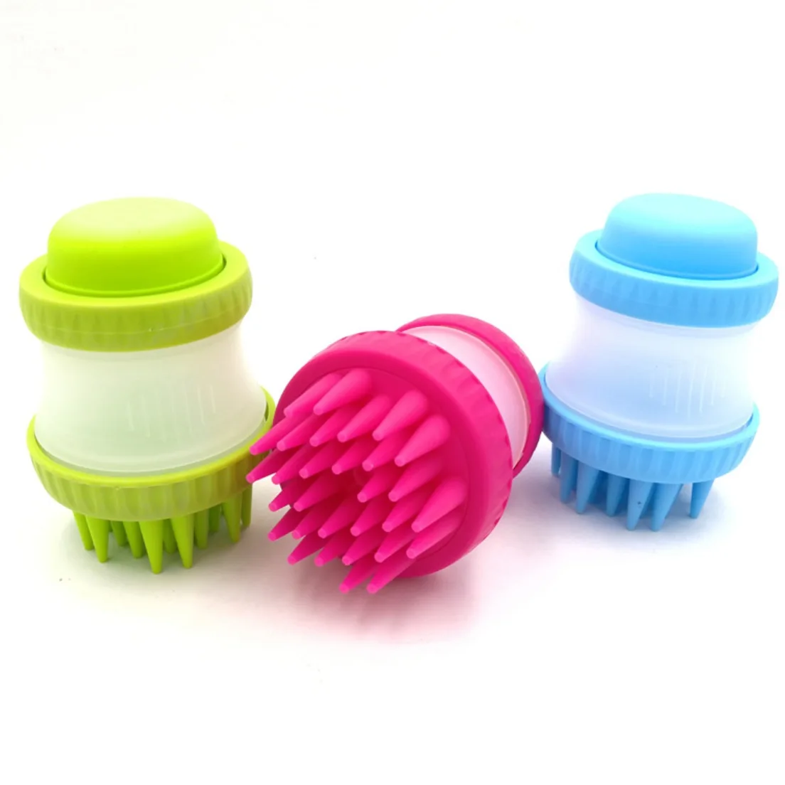 

Pet Grooming Tools Dog Cat Bath Massage Brushes with Shampoo Container Soft Silicone Brush Comb Bristle for Pet Cleaning Bathing, Blue, pink, green