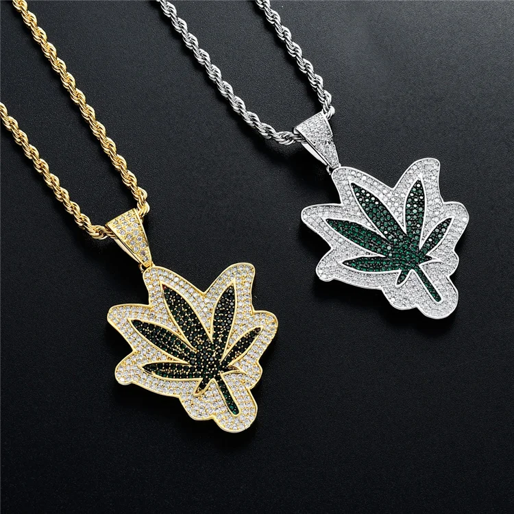 

European and American Hot green leaf Maple leaf zircon pendant pendant nightclub rap male and female lovers necklace