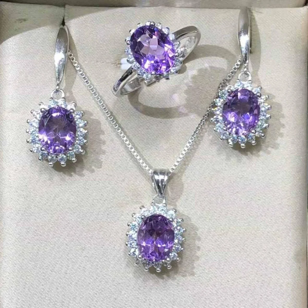 

Classic Diana Jewelry set Pendant Necklace Earrings Rings Natural Amethyst Women 925 Silver Jewelry For Gift
