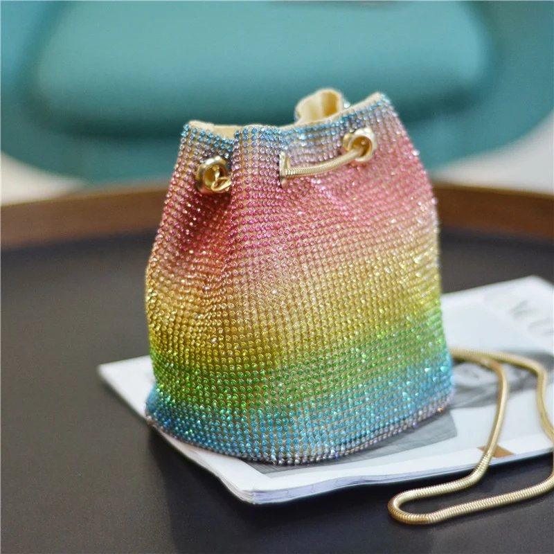 

Fashion Colorful Crystal Clutches Ladies Crossbody Shoulder Bucket Bag Rhinestone Banquet Bag Wedding Party Evening Bags, As picture