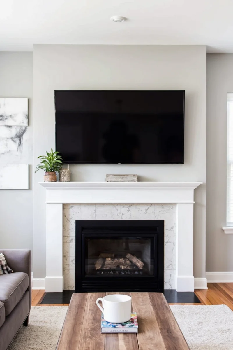 Scandinavian style TV above fireplace