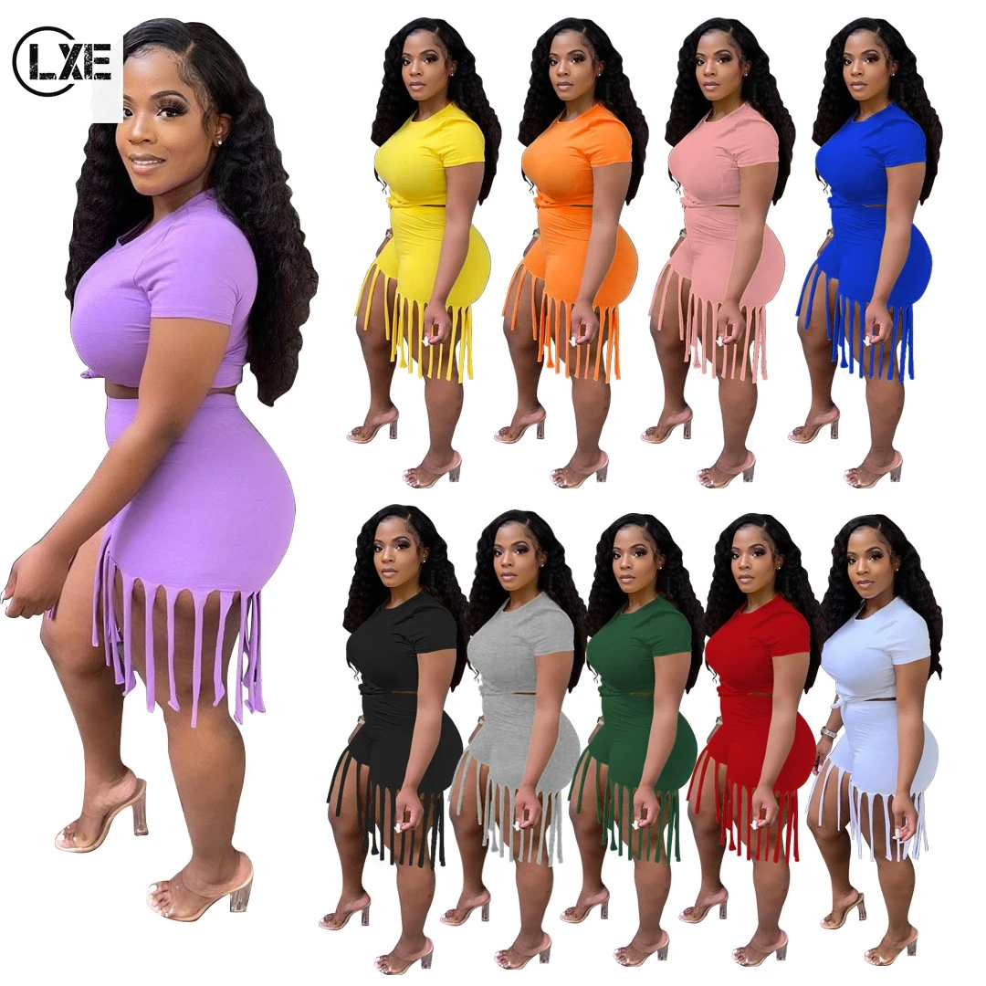 

2021 New Arrivals T-shirt Matching Tassel Shorts 2 Piece Set Womens Clothing Casual Summer Sets