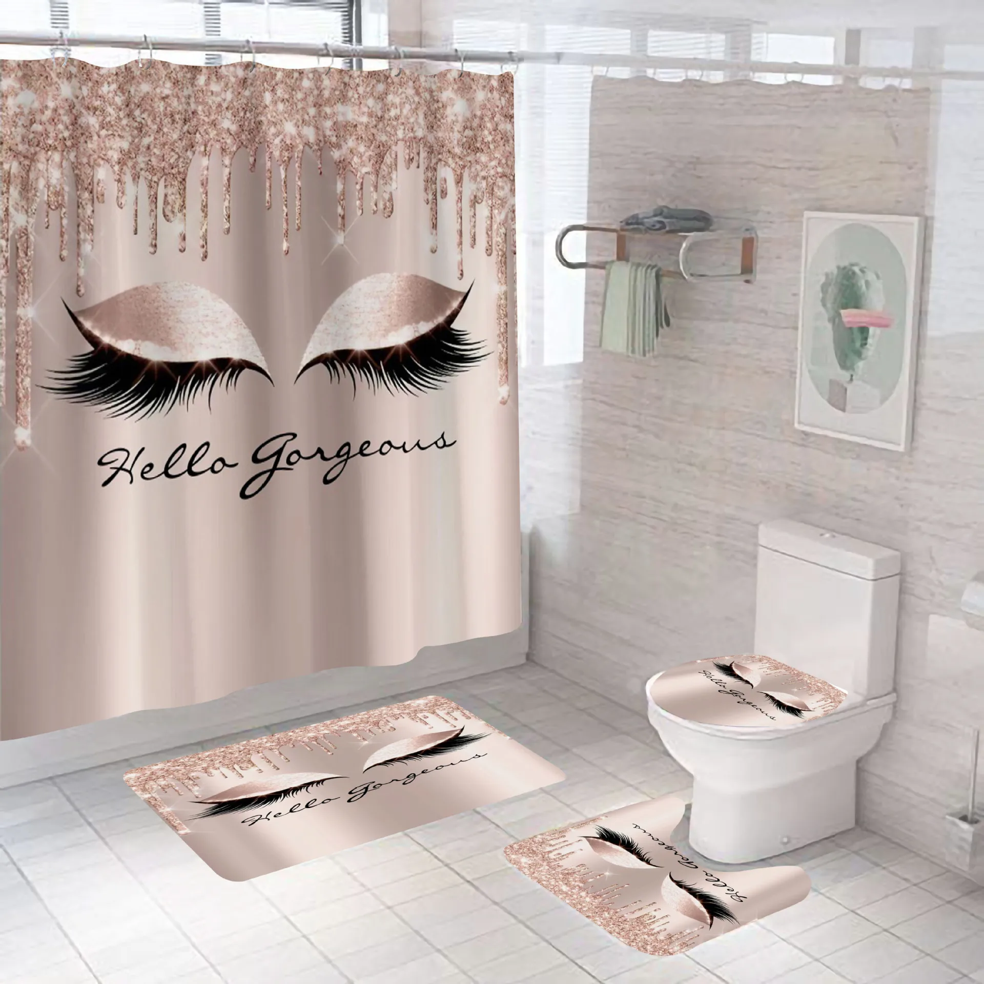 

Wholesale hot sell in stock designs 3d custom printing shower curtain set bathroom set with rug and mats