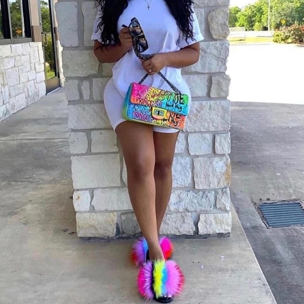 

Winter Women Fur Slippers Fluffy Real Fox Fur Slides Cute Furry Raccoon Sandals Indoor Flip Flops Ladies Fashion Rainbow Shoes