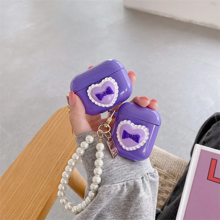 

Luxury Girl Cute Kawaii Love Bow with Pearl Chain Bracelet Soft TPU Shell Case for Airpods 1 2 Pro