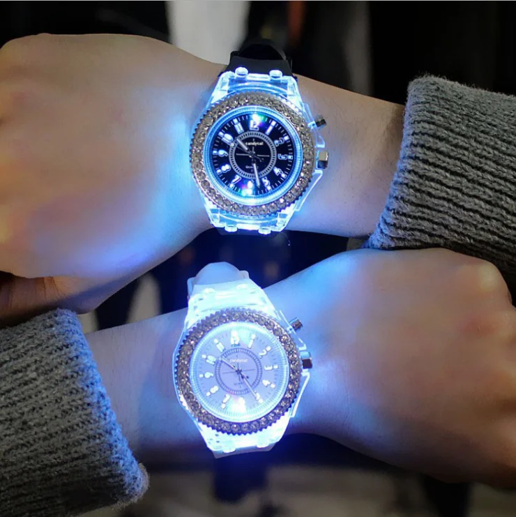 

Multi-color Jelly Silicone Geneva Fashion Diamond Flash Sports Luminous Light Led Digital Watches For Men Women