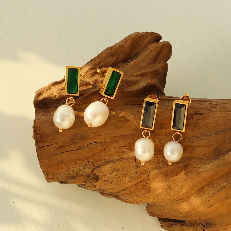 Custom 18K Gold Plated Stainless Steel Green Zircon Gemstone Pearl Ladies Earrings