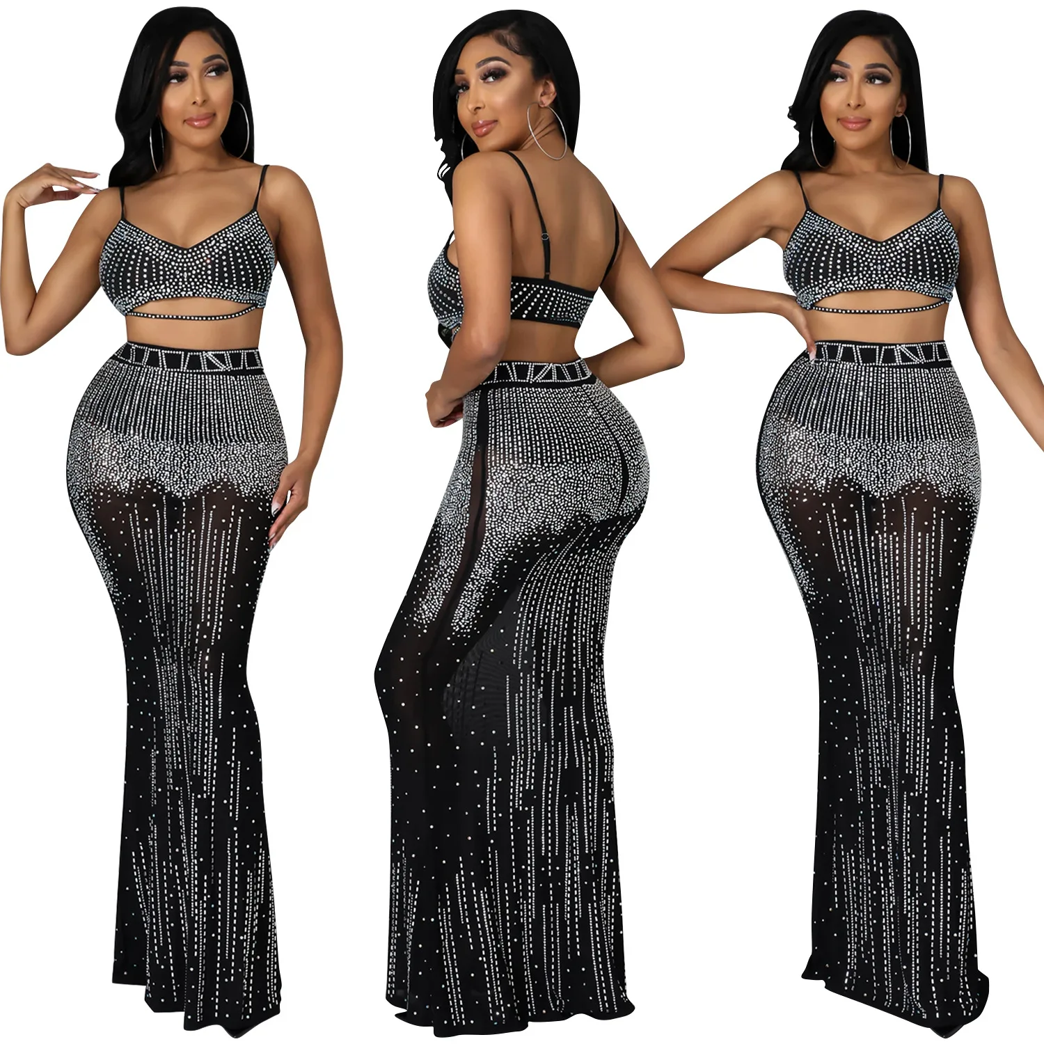 

Evening Mesh diamond perspective suspender vest long sexy dress two piece set, Black