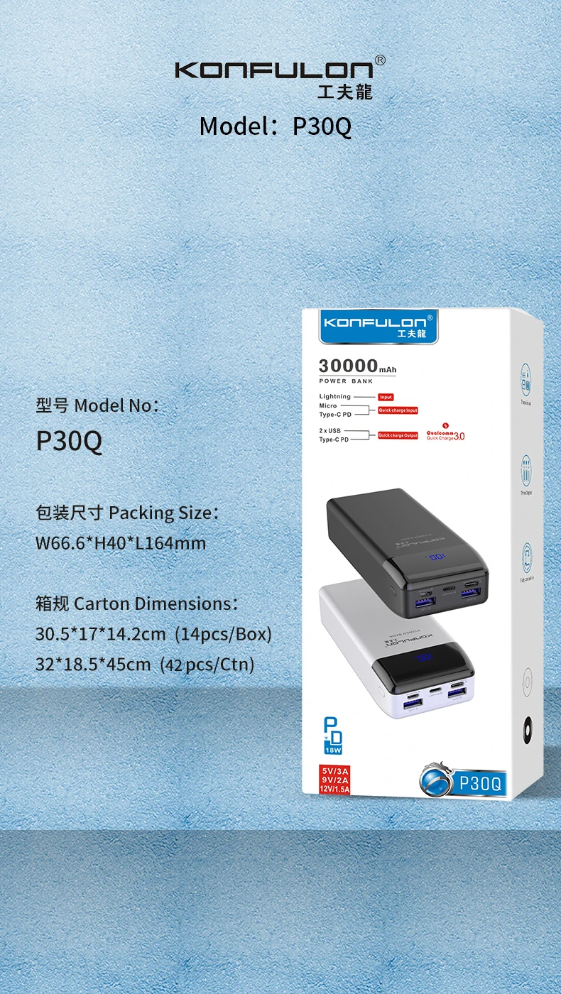Konfulon PD 18W Fast 30000mah Power Bank External Battery Pack 2 USB LCD Powerbank Portable Mobile Phone Charger For Smartphones - ANKUX.COM