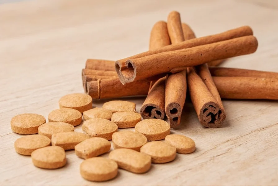 Comparison of cinnamon tablet forms showing different supplement capsules and their labeling information
