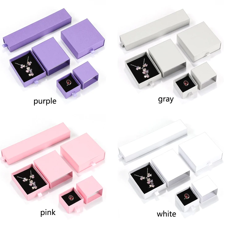 

Custom printed logo jewelry box pink purple ring pendant necklace bracelet set box stock paper drawer jewelry gift packaging box