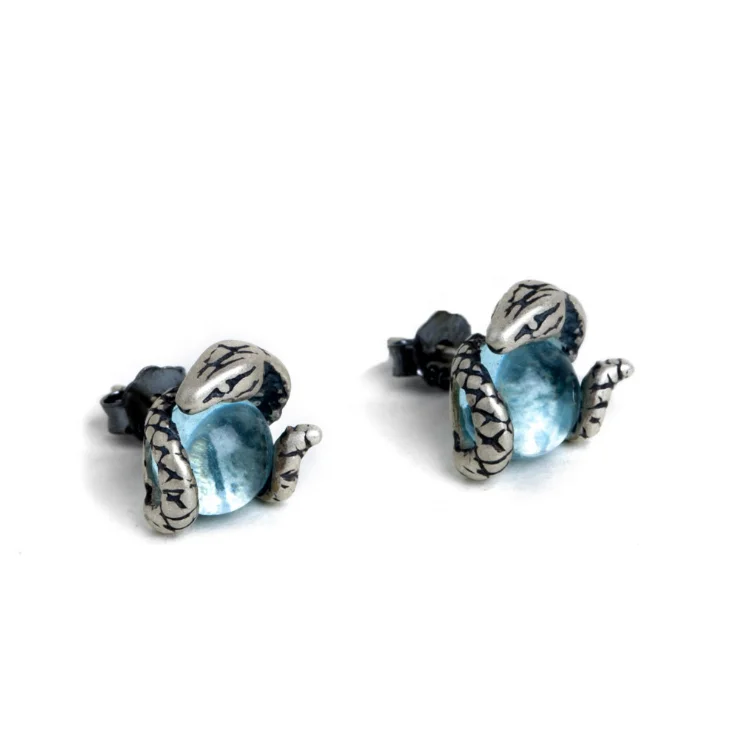 

Punk Vintage Oxidized S925 Sterling Silver Sea Blue Topaz Gemstone Snake Shaped Stud Earrings