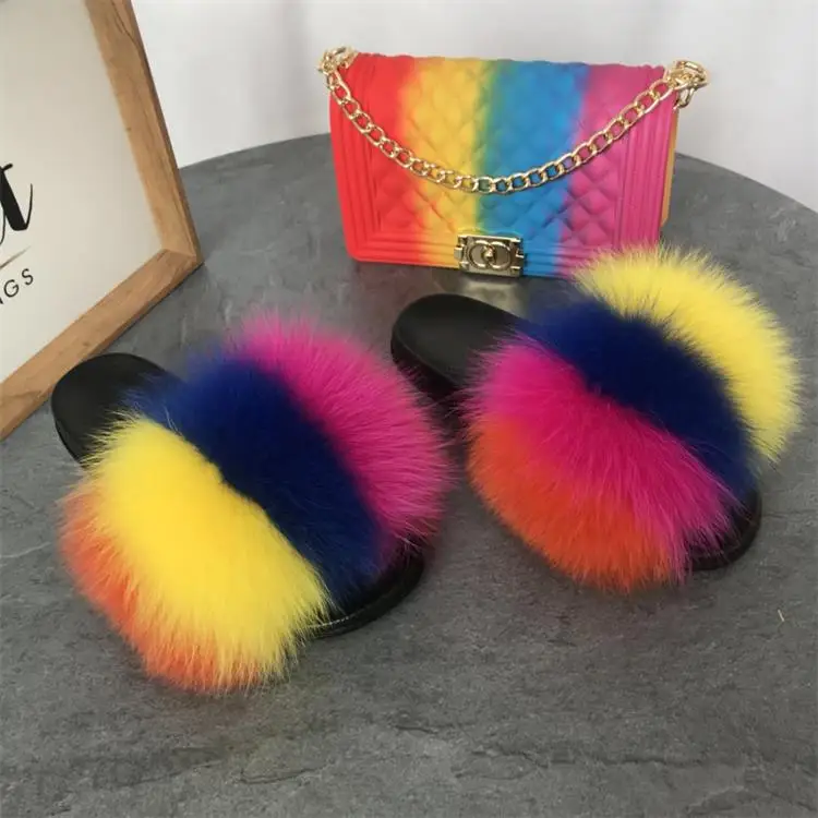 

fashion fur slides and handbag matching purse sets, Customized color