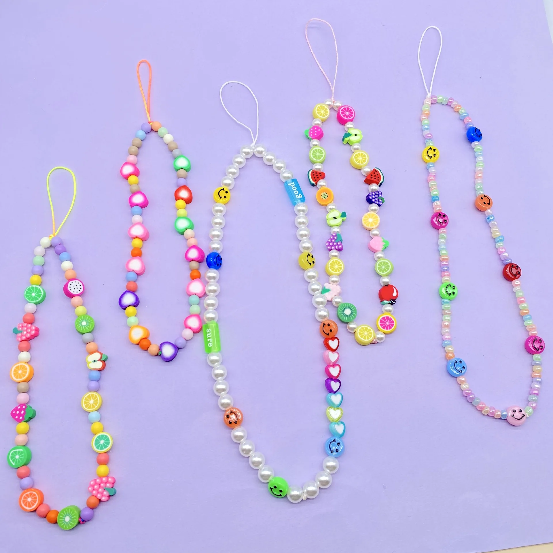 

JUHU ins acrylic letter soft pottery love mobile phone handmade pearl lanyard wrist smiley soft pottery mobile phone chain, Colorful