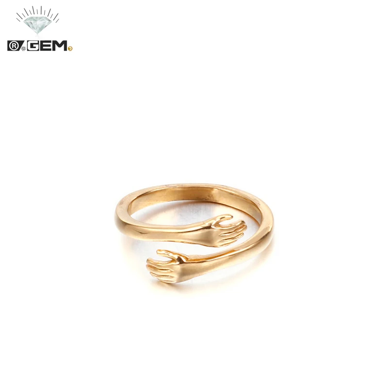 

R.Gem. Cute Romantic Hug Embrace Hands Open Stainless Steel Adjustable Ring for Women, Gold, steel, rose gold