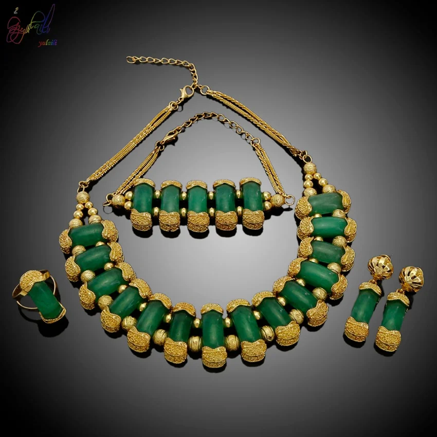 

Yulaili Fashion Jewelry Set Wholesale Necklace Ring Set Jewellery Green Agate Jade Main Stone For Women's Party and Daily Wear