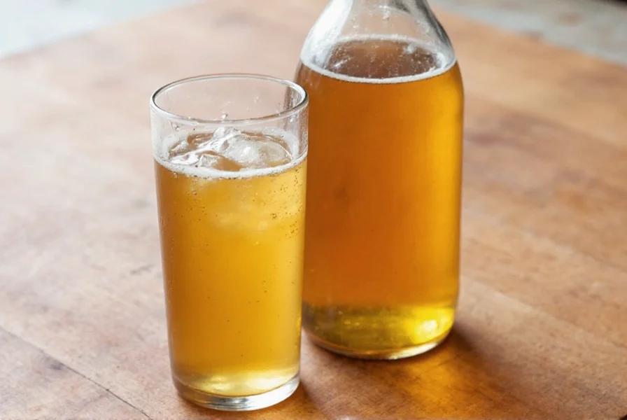 Homemade ginger beer in clear glass bottle showing natural carbonation bubbles and golden color