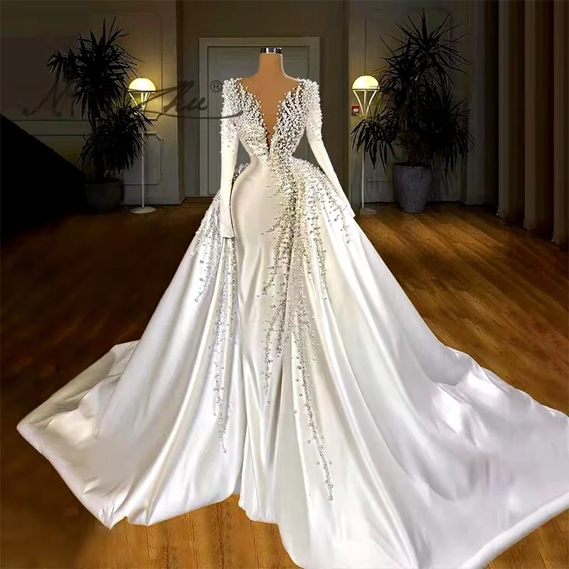

Jancember RSM67215 Long Sleeve Deep V Pearls Satin White Bridal Gowns Wedding Dress, Ivory