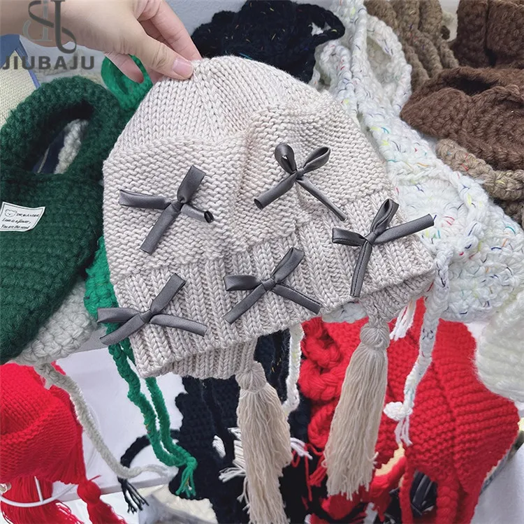 2024 New Bow Winter Knit Hat Womens Ins Korea Warm Ski Lovely Christmas Hats
