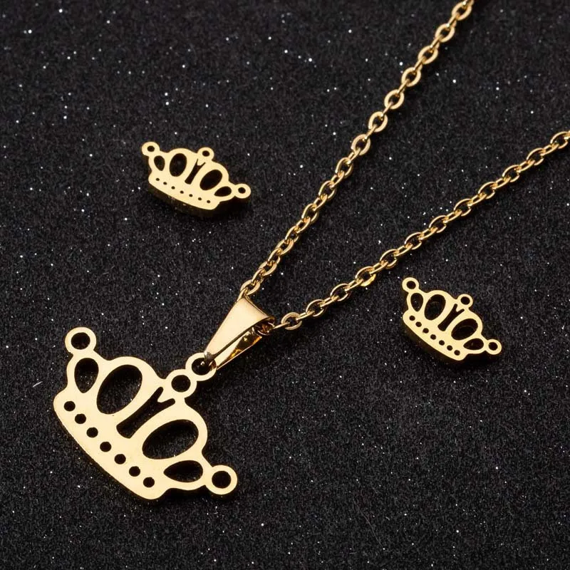 

HongTong Modern Fashion Cute Gold Plated Crown Necklace Earring Set Stainless Steel Women Necklace Jewelry Set, Color