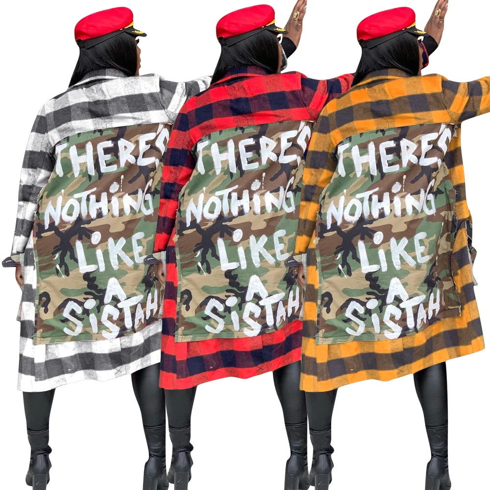 Women Long Coat Plaid Grid Printed Winter Autumn Fall Cardigan Long Letters Camo Print Floral Maxi Jacket for Ladies RS00220