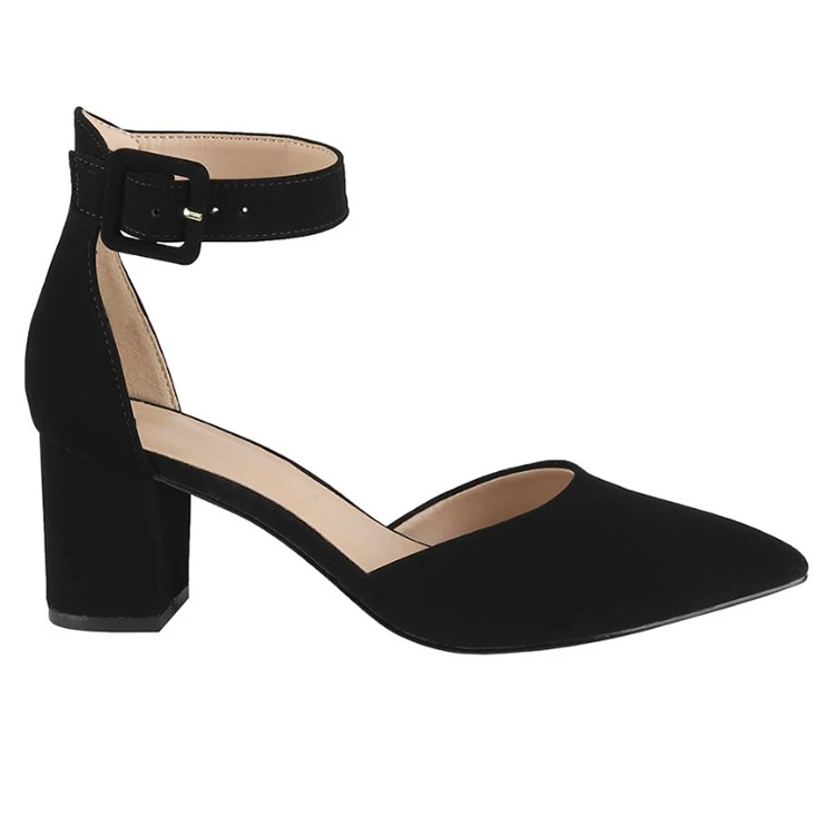 

Leather Sandal Shoes Middle Block Heel Pointed Tow Hollow Close Back Ankle Strap Strappy Suede Women