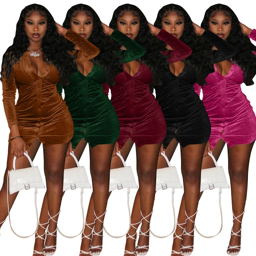 

2021 Womens Long Sleeves Button Down Dresses Sexy Button Cardigan Shirt Skirt Casual Velvet Dresses Ladies, Picture color