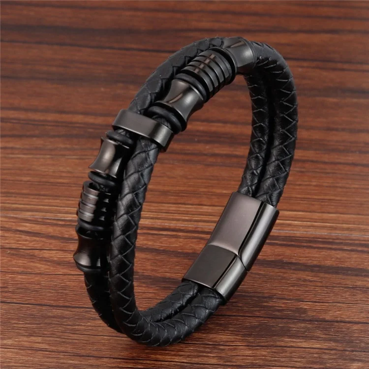 

New Unique Punk Style Stainless Steel Charms Magnet Clasp Multi-layers Mens Leather Bracelet Genuine