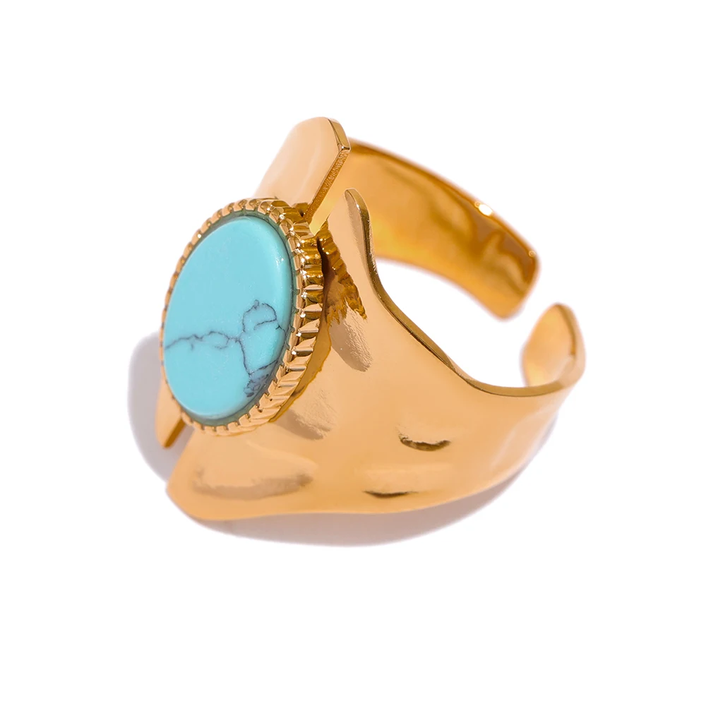 JINYOU 110 New Design Natural Turquoise 18k Gold Stainless Steel Stone Waterproof Ring Ethnic Boho Top Quality Jewelry for Women