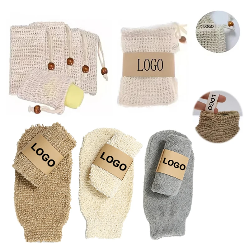 Custom logo Bath Products Natural Jute Bath Glove Band Mouth Durable Soap Bag High Quality Foam Mesh Exfoliating Scrub Glove