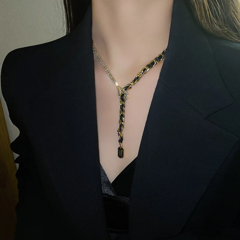 

Hip-hop design sense long necklace temperament cool girl necklace leather winding set diamond necklace