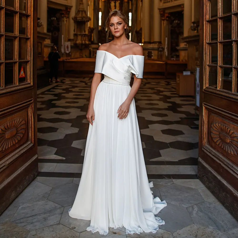 

13242#Off-Shoulder A-Line Wedding Dresses Backless Cap Sleeves Civil Chic Strapless Chiffon Sweep Train Wedding Bridal Gown