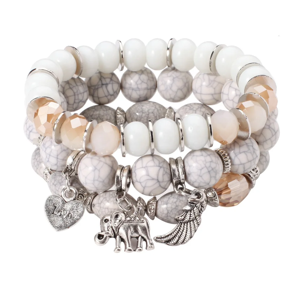 

Hot Sale Elephant Wings Love Heart Charm Pendant Beads Bracelet, Bohemian Style Marble Pattern Bracelet