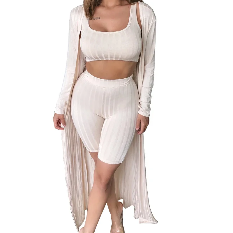 

Women Solid Casual Lounge Wear Set 3 Piece Ladies Sport Wear Crop Top +Shorts+Cardigan