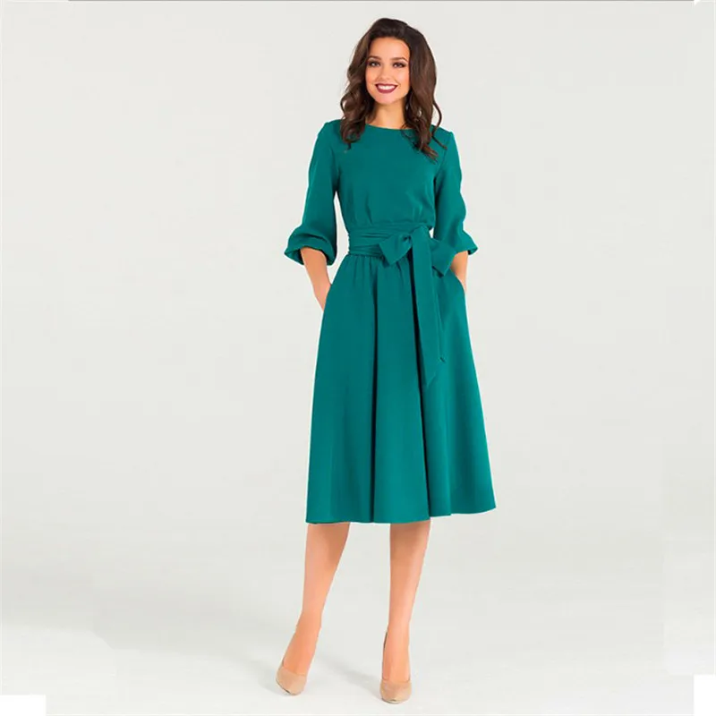 

2020 new season fashion belt women knee length half sleeve casual dress