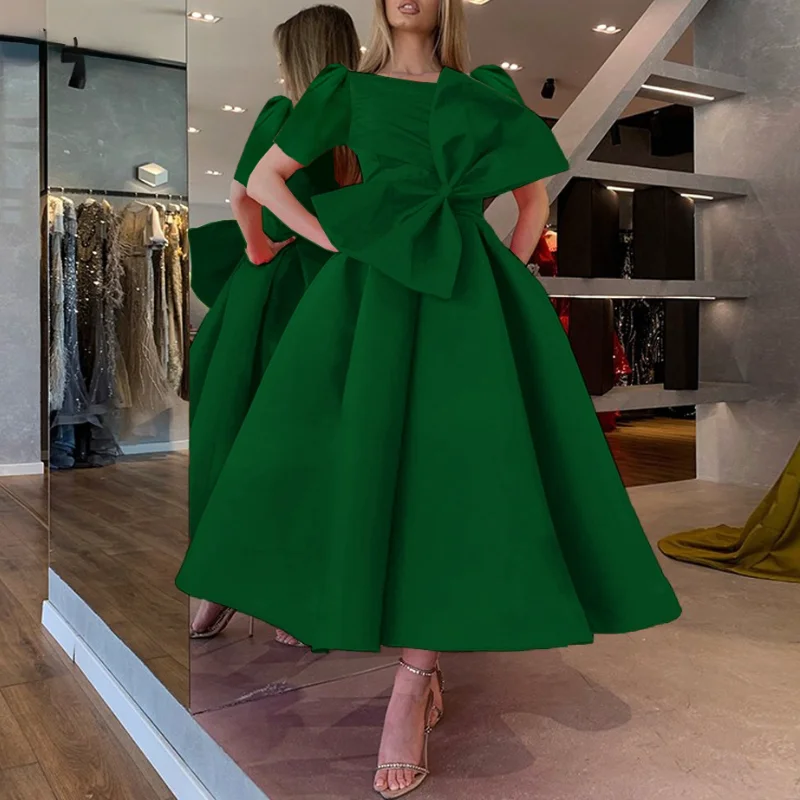 

Spring Bow Christmas Pleated A Line AOMEI Wedding Women Evening Dress, Green