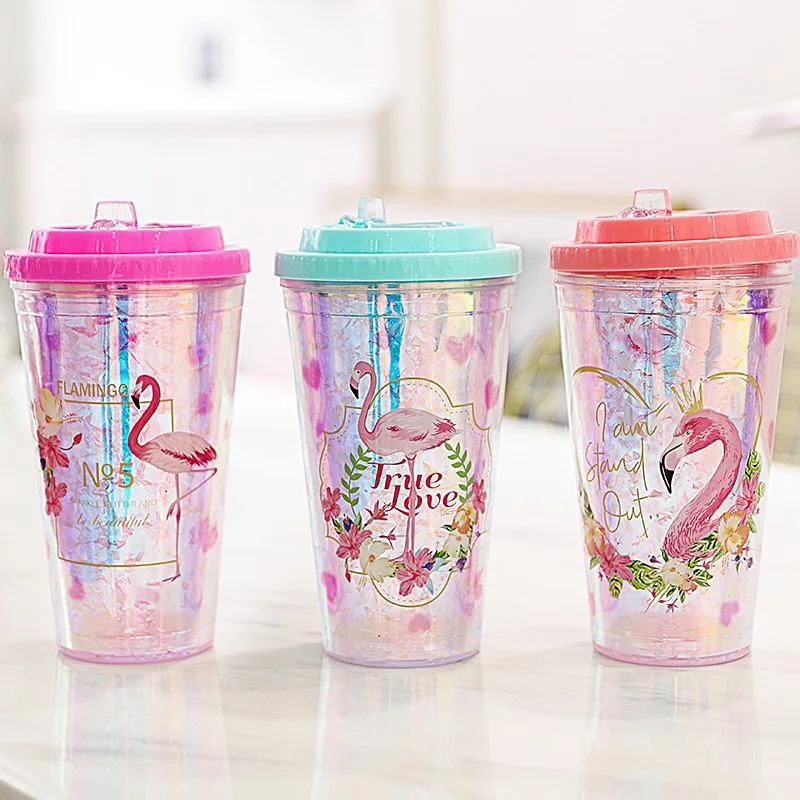 

Seaygift 2021 most popular laser rainbow insulated double wall travel mug kids flamingo plastic drink water cup with straw, Pink